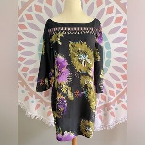 Square Neck Abstract Design Dress Black Woven long Sleeve